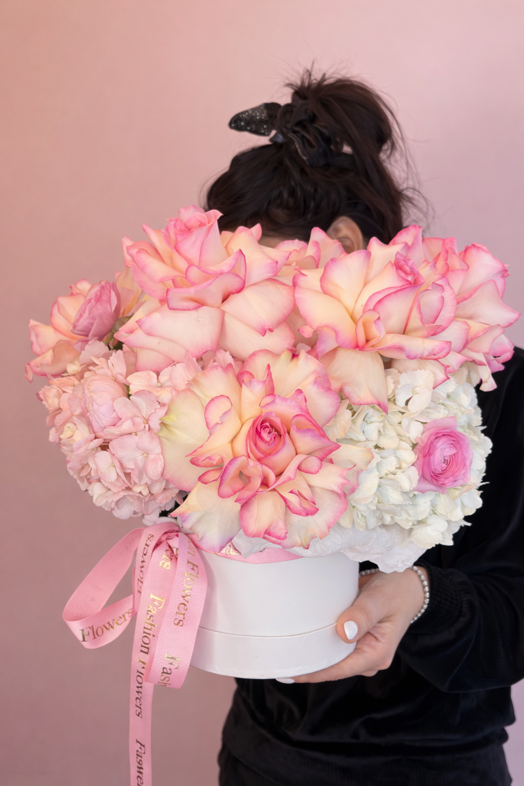 Flower Box Arrangement of cream roses with pink edges, blush hydrangeas, seasonal white blooms — Sweet Blush Blooms