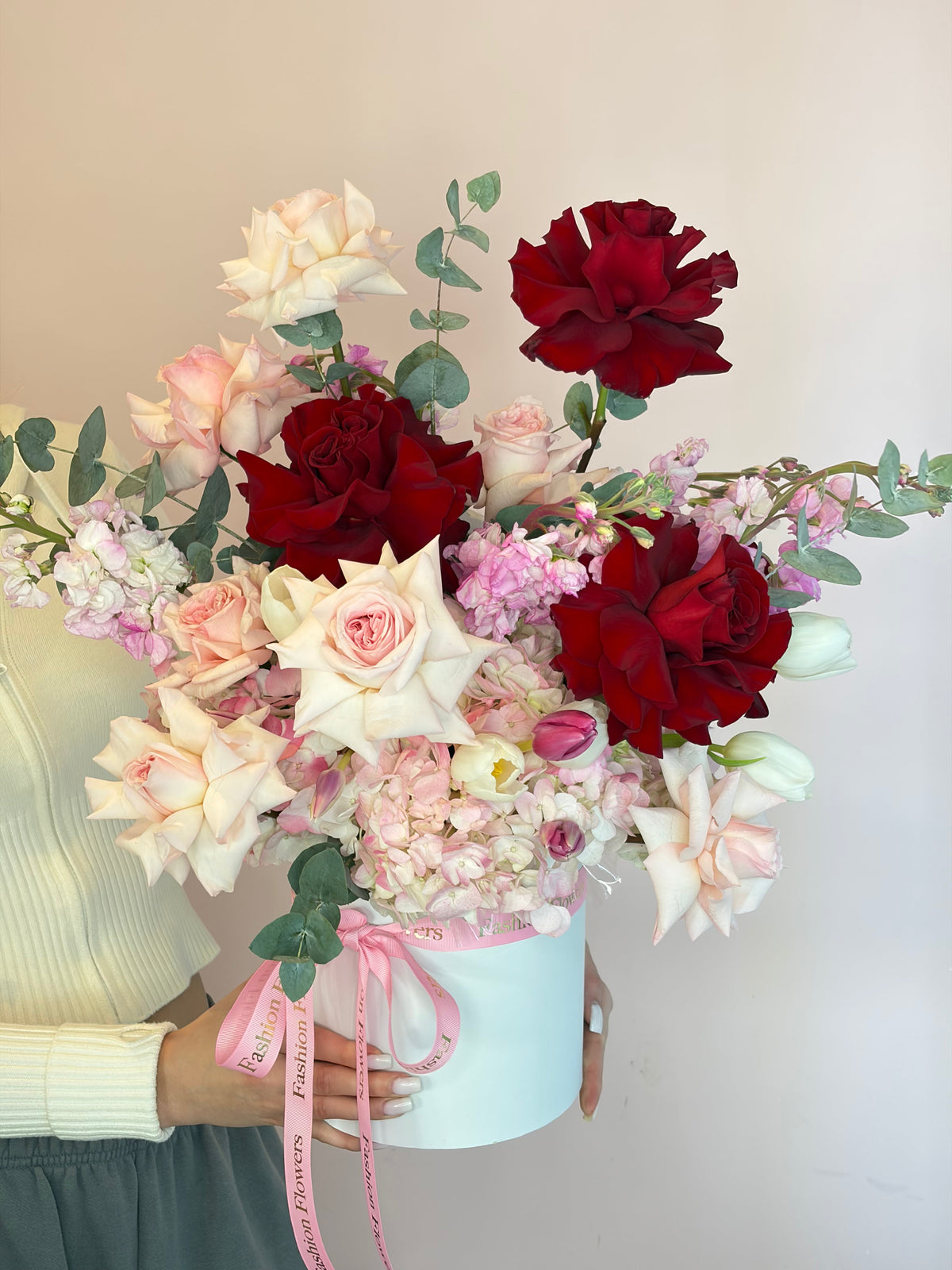 Flower Box Arrangement of roses, garden roses, hydrangeas, eucalyptus — Crimson Kiss