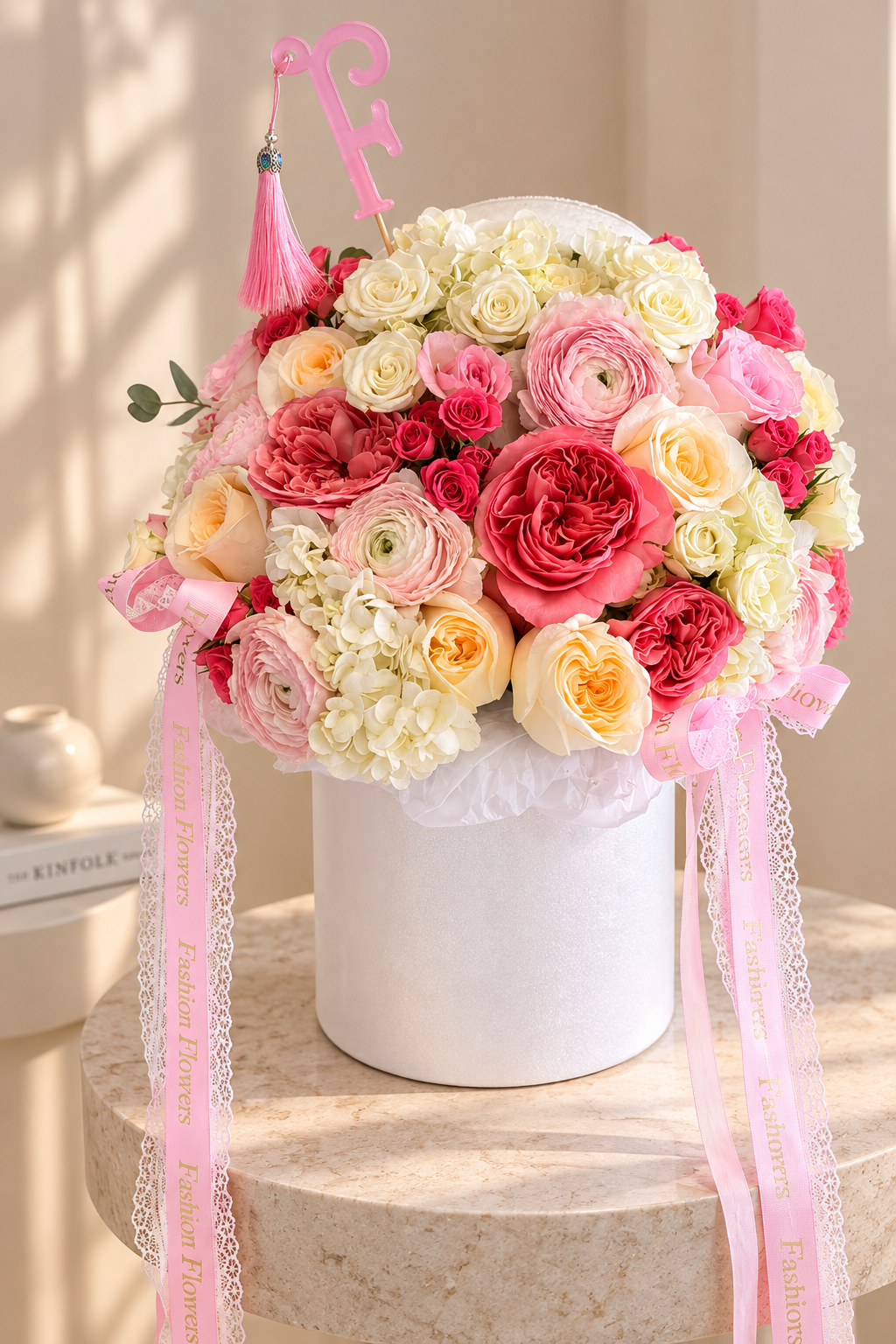 Blush Empress: garden roses, roses, spray roses, ranunculus, hydrangeas in a flower box arrangement
