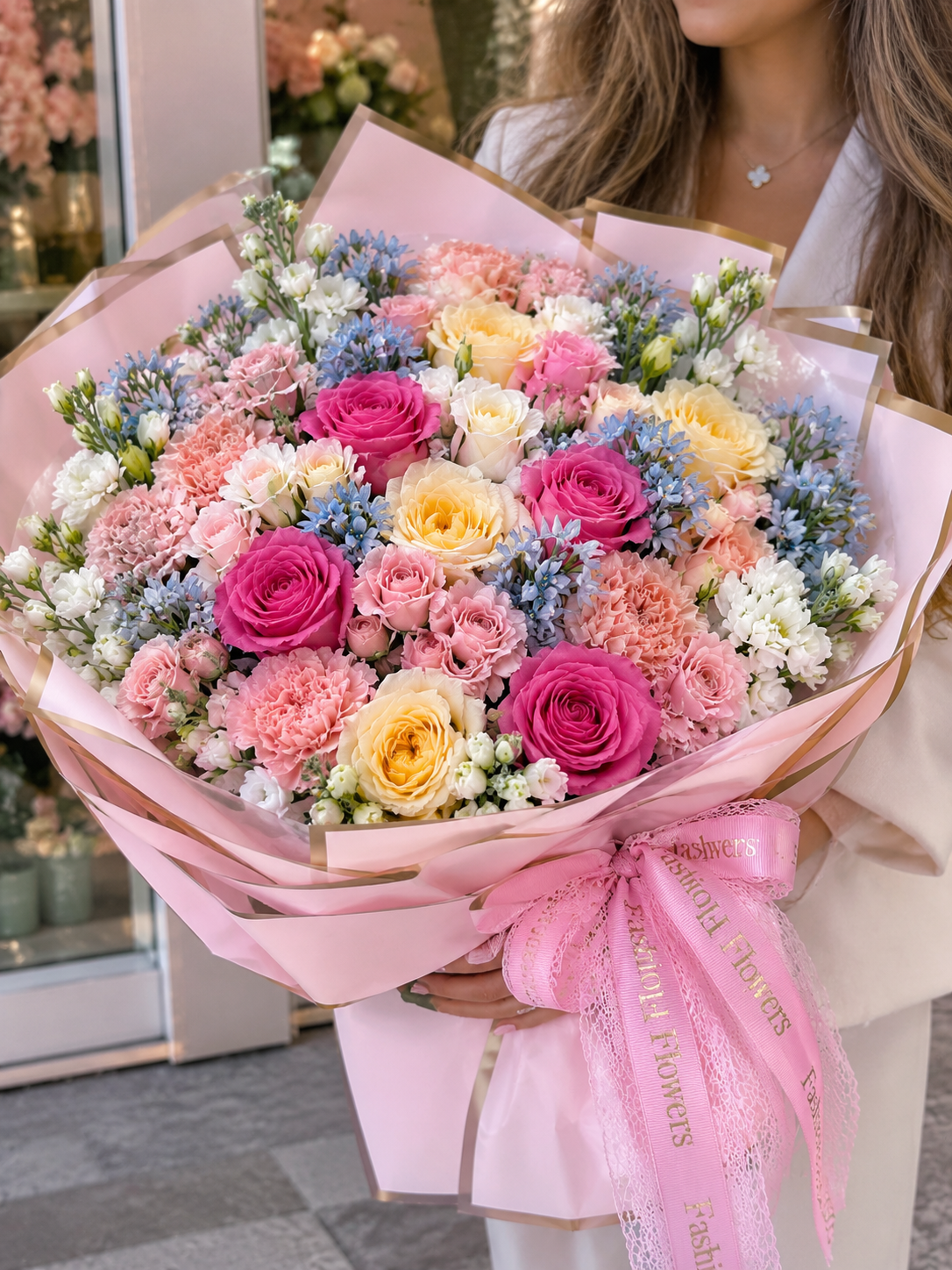 Hand-Tied Bouquet of roses, spray roses, carnations, seasonal blooms — Pastel Love Story