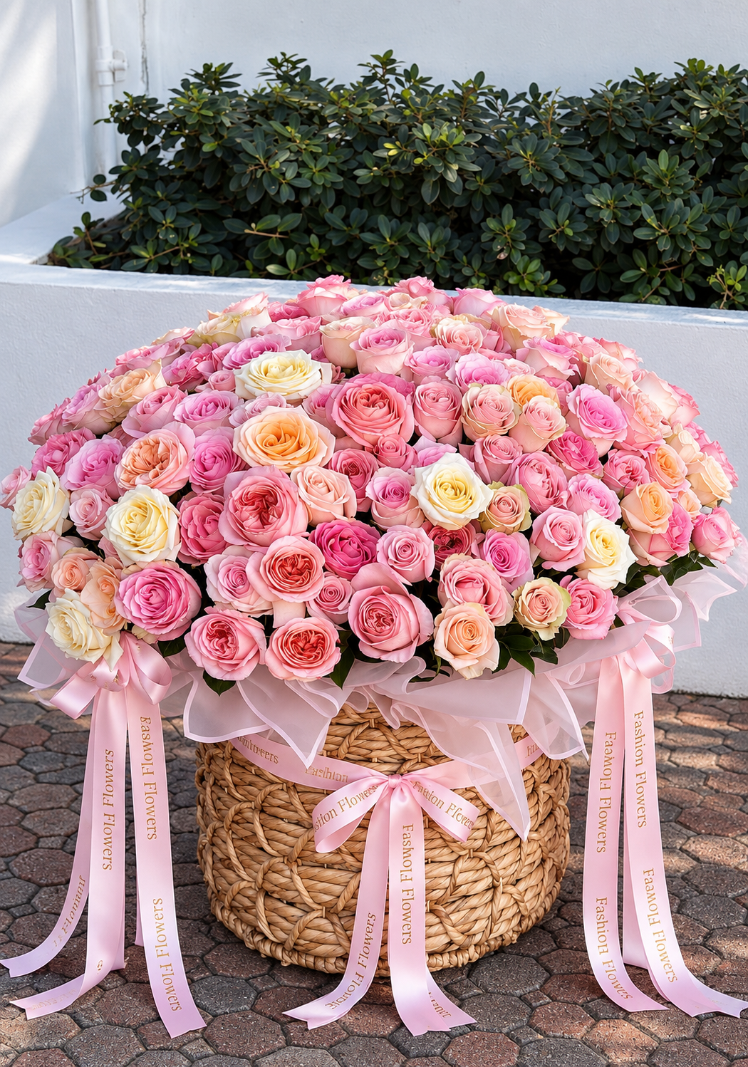 Gardenia: roses in a basket arrangement