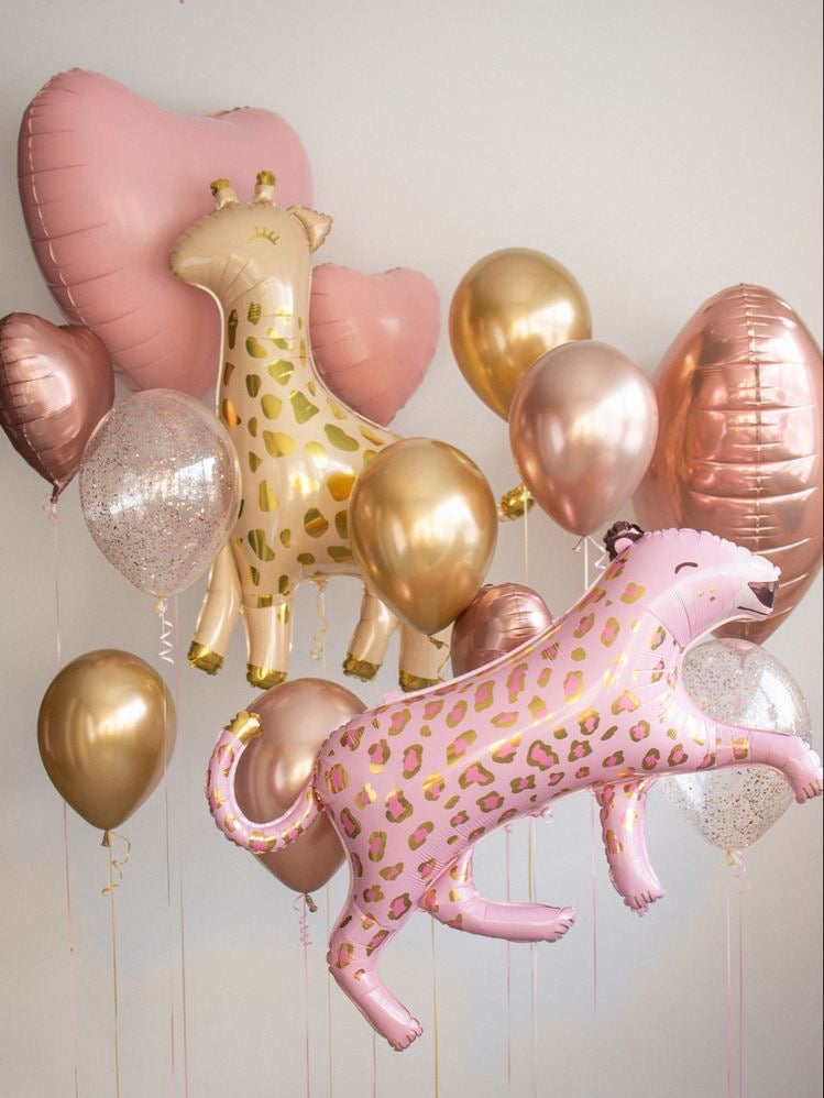 Ramo de globos safari: set de fiesta en la jungla con jirafa y leopardo rosa