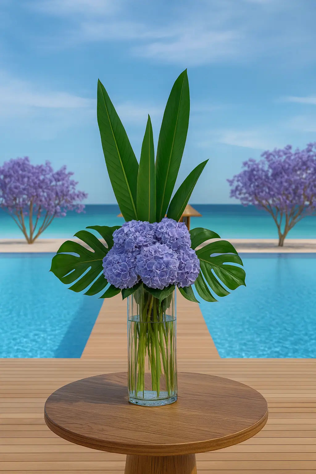 A high-resolution floral arrangement in soft lavender and lilac tones, styled in the elegant lobby of Fendi Château Residences, reflecting luxury and sophistication