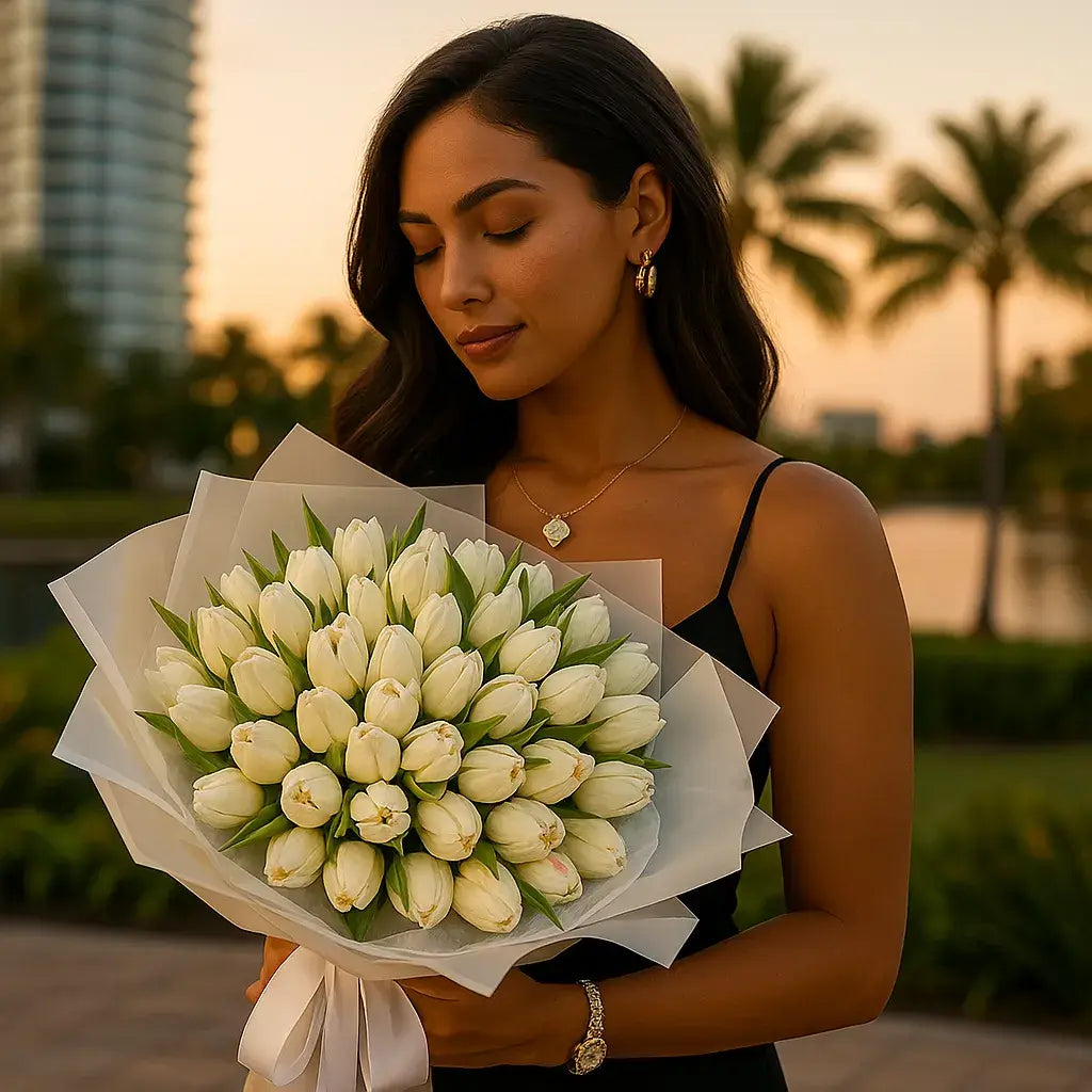 Angels Whisper - Luxury hand-tied bouquet of white tulips for same-day elegant delivery in Miami