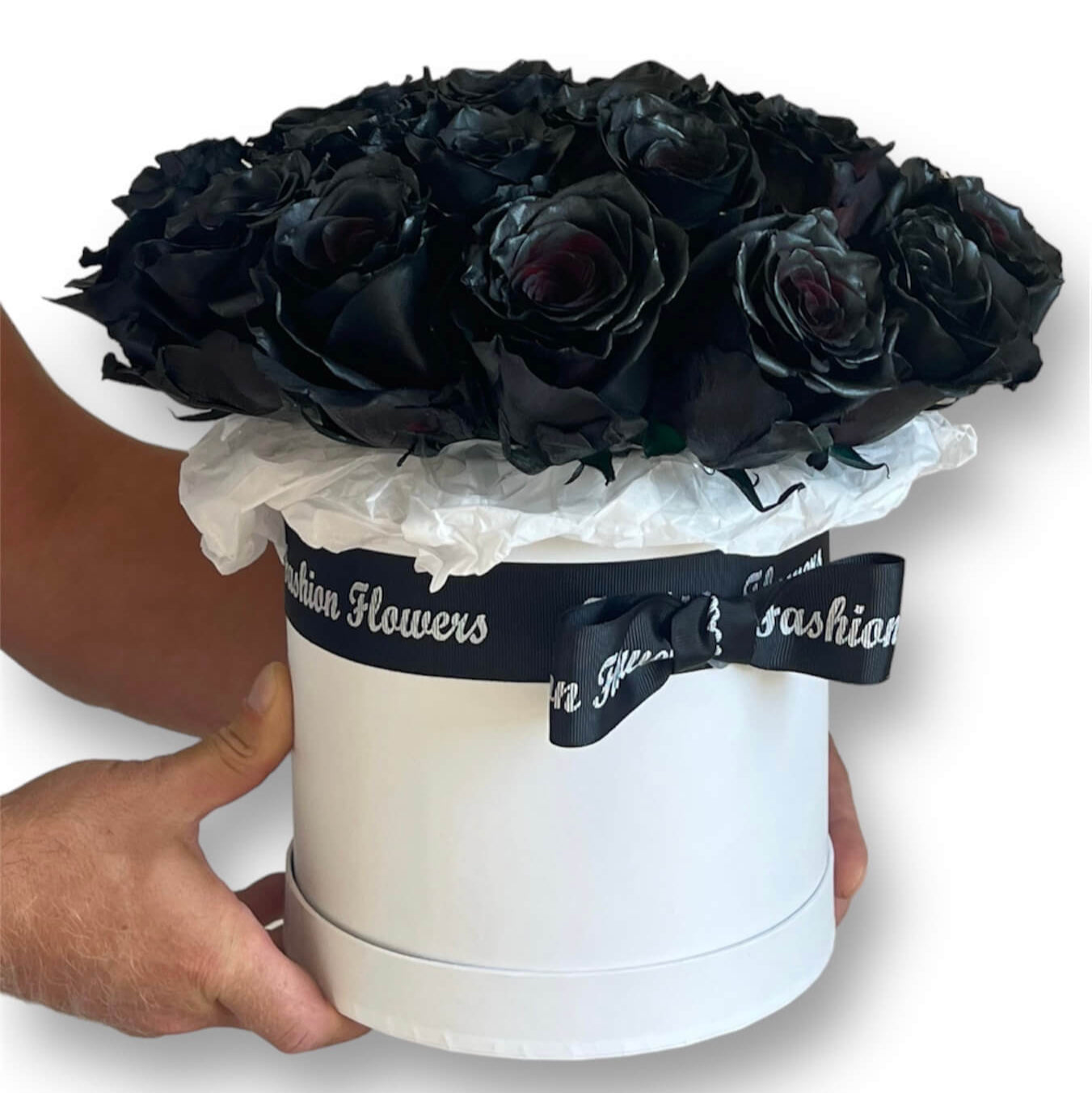 Luxury black roses in white designer box by the villa — handcrafted elegance for same-day flower delivery in Miami