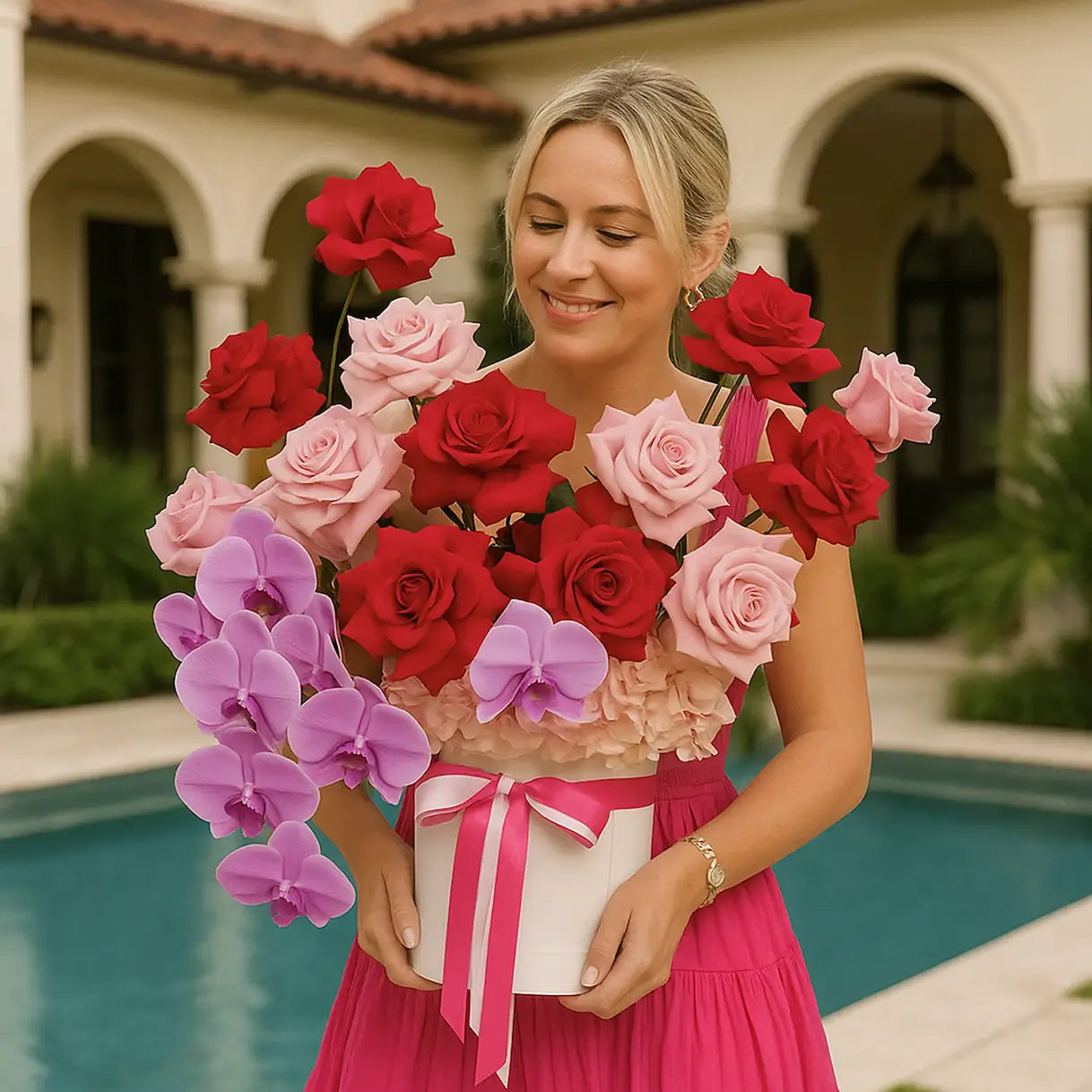 Blooming Cherry bouquet with soft pink roses and orchids — luxury hand-tied flower delivery in Miami