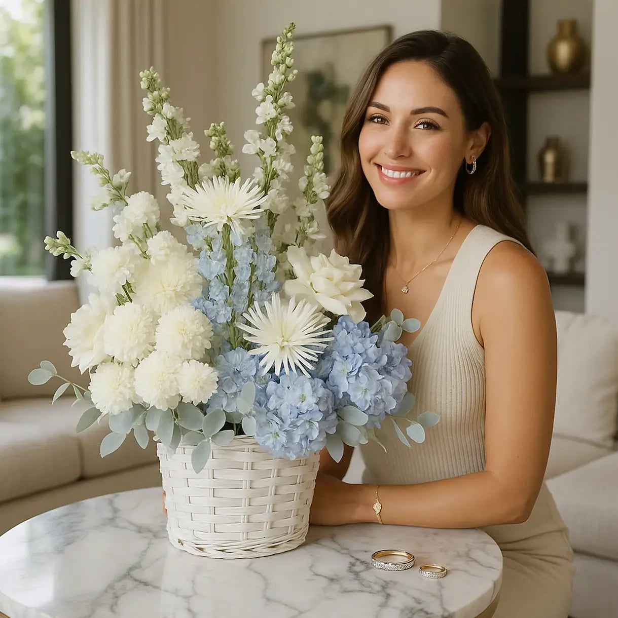 White and blue floral basket displayed indoors on a marble table — luxury bouquet delivery Miami for elegant interiors