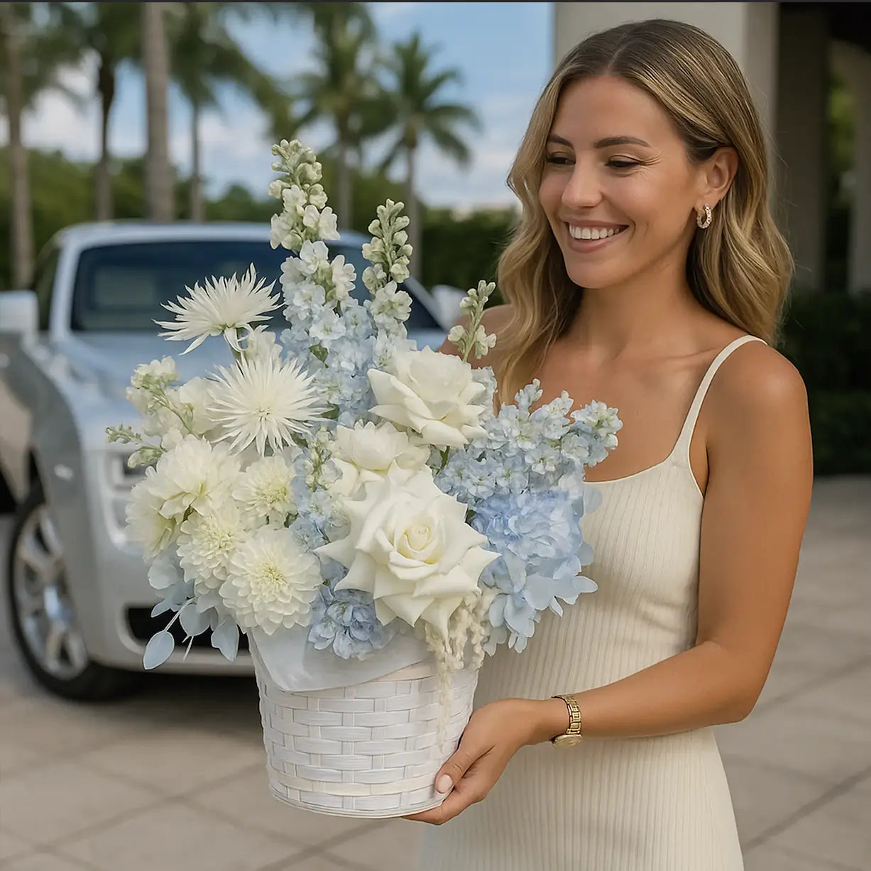 White and blue floral basket in hands of smiling woman near Rolls-Royce — unforgettable luxury flower delivery in Miami
