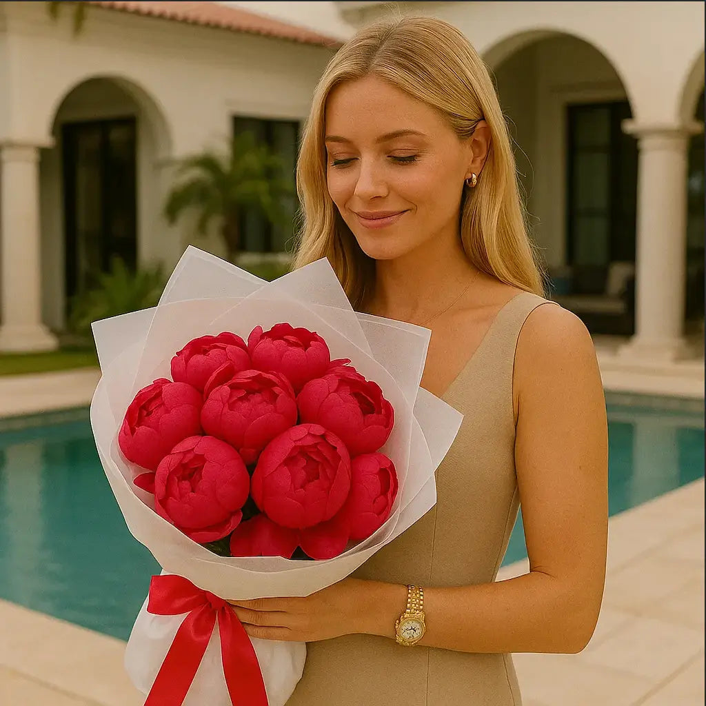 Bright Pink Peonies in luxury hand-tied bouquet — romantic same-day flower delivery Miami at private villa