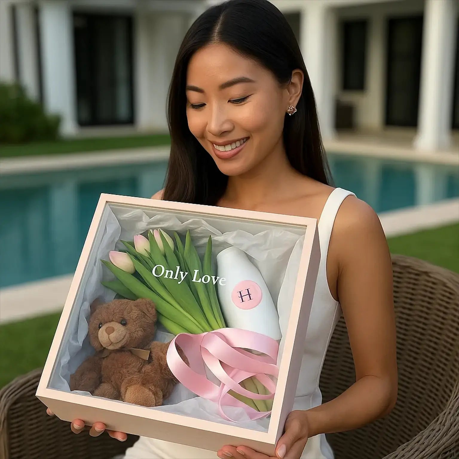 A young Asian woman in a luxurious villa holding a bouquet with a brown teddy bear – ideal for romantic surprises.