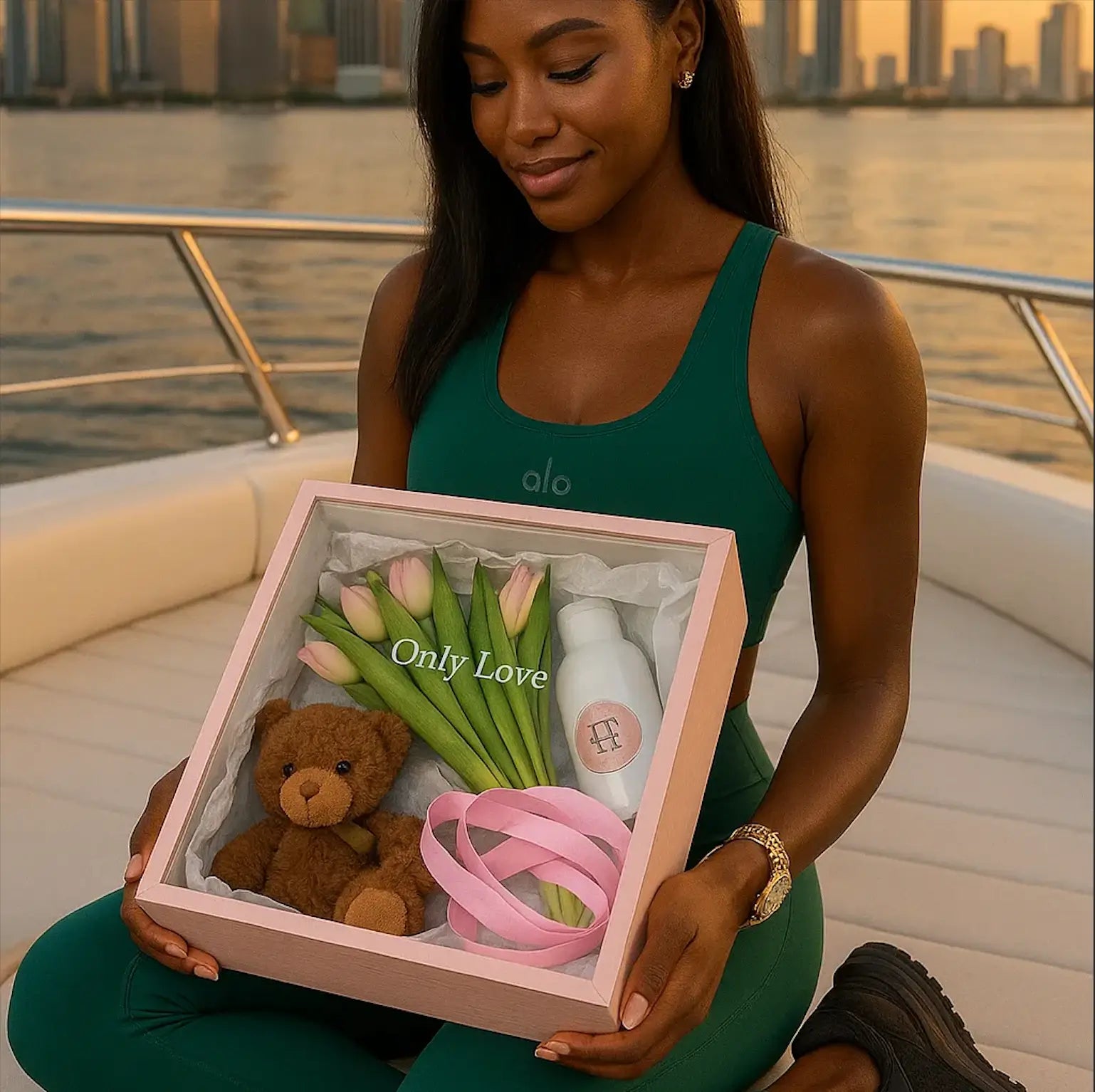 A young African American woman in a white dress on a yacht with a teddy bear and tulip bouquet – perfect for gifting.