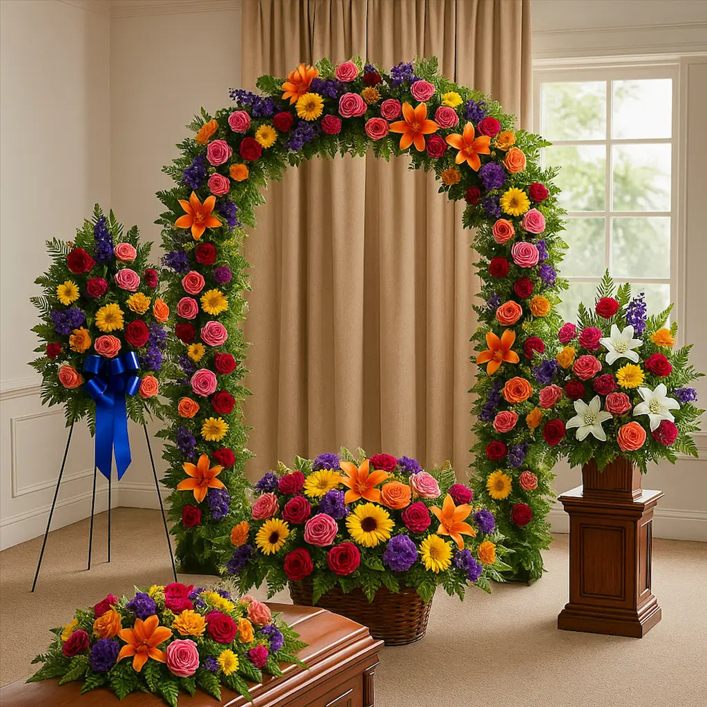 Memorial Day funeral room setup with casket flowers, floral arch and wreath by Miami Flower Delivery — colorful tribute in Miami