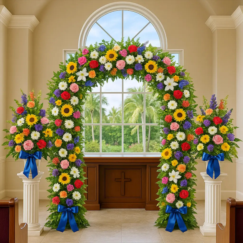 Bright floral arch with sunflowers, daisies, and lilies for Memorial Day at Miami chapel — luxury decor by Miami Flower Delivery