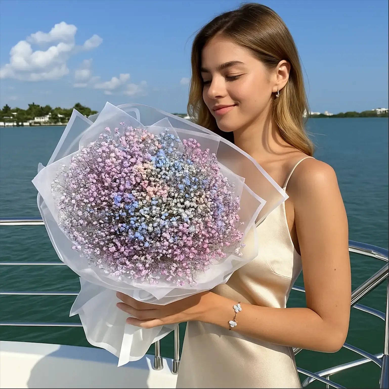 A smiling blonde woman on a yacht with a bouquet – children's smile in soft pink tones with an author’s touch.