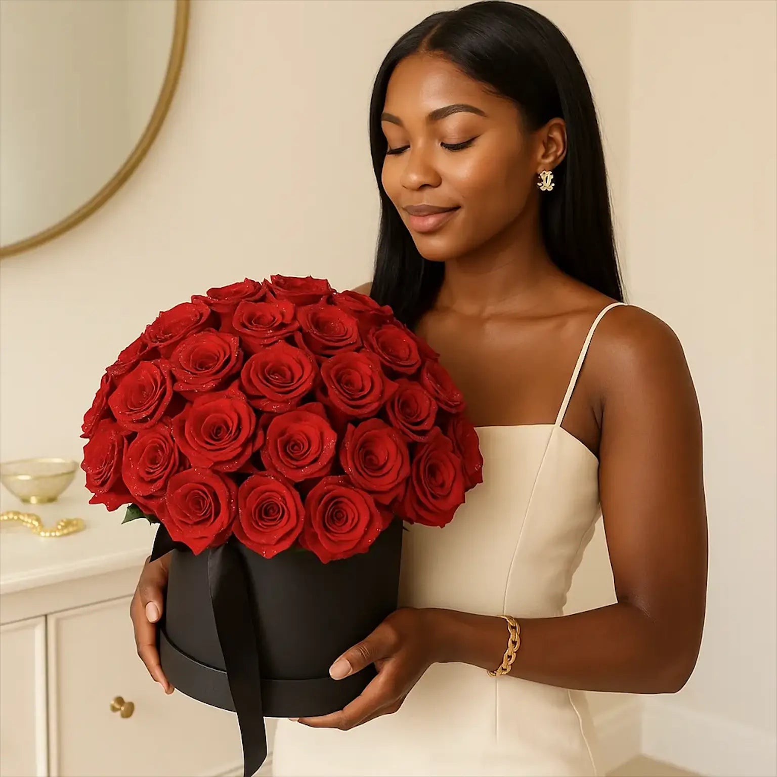 A stylish African American woman in a cream room with a designer box of red roses – classic elegance.