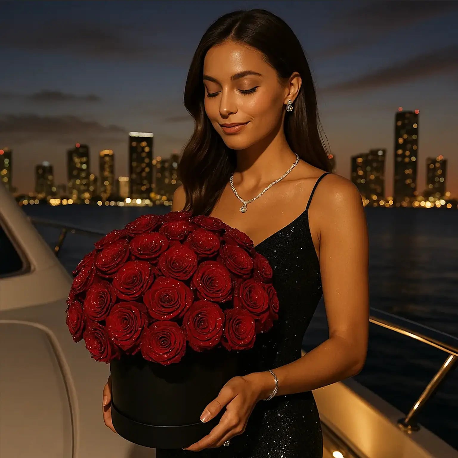 An elegant Caucasian woman on a yacht with a red rose box – classic elegance in passionate red shades.