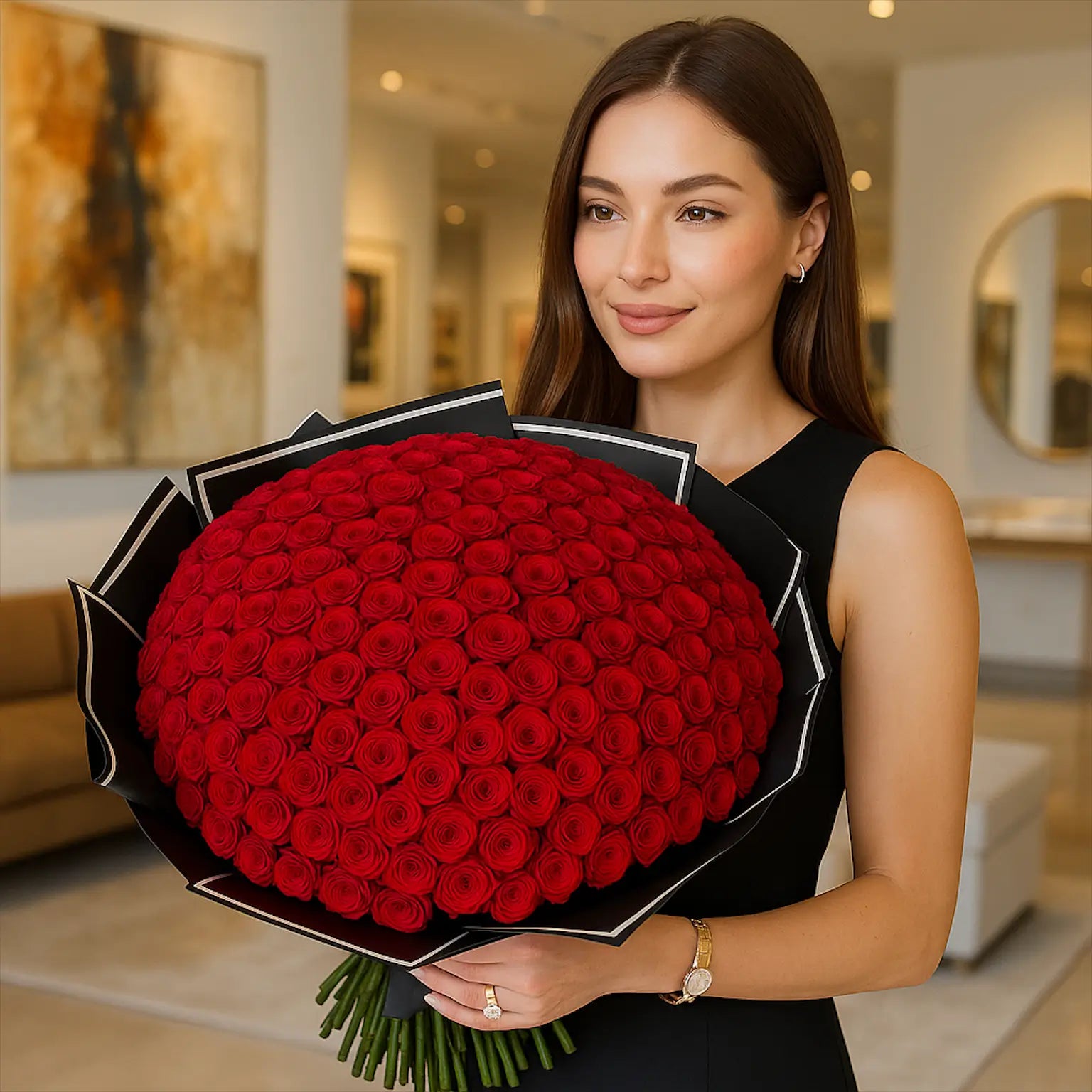 Crimson Elegance bouquet with 100 miniature red roses — luxury flower delivery Miami in art gallery setting