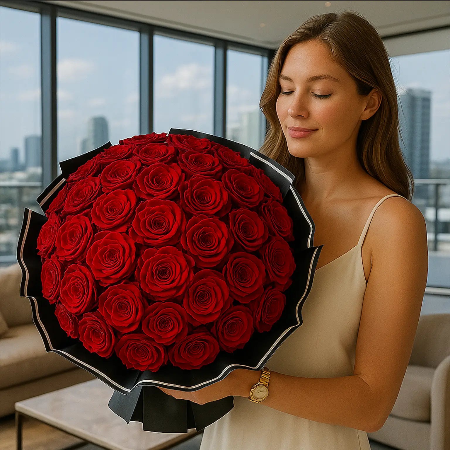 Crimson Elegance oversized hand-tied bouquet with red roses — luxury flower delivery Miami with panoramic city view