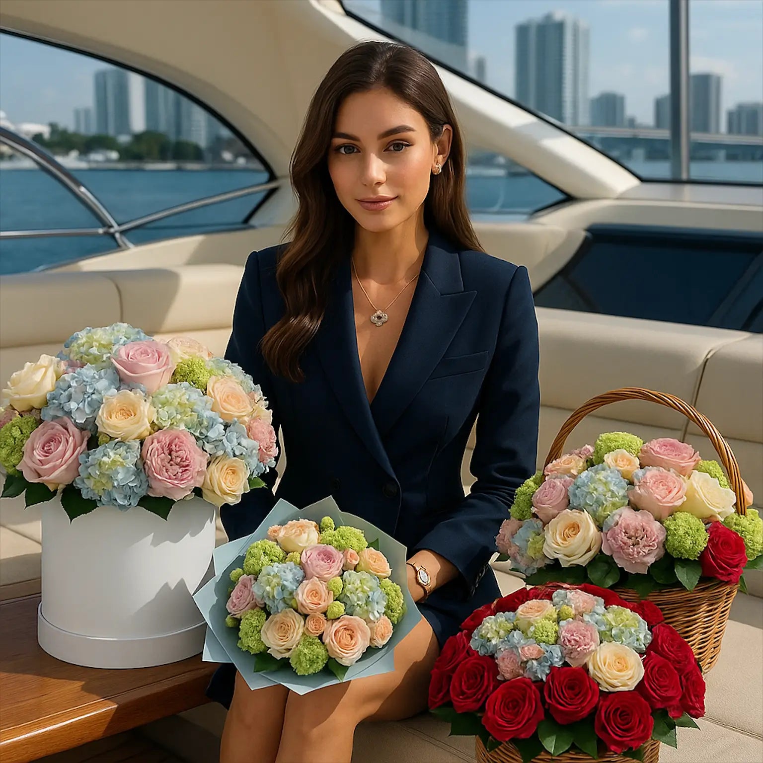 Custom Arrangement bouquets and box designs with pastel roses and hydrangeas — luxury flower delivery Miami on yacht