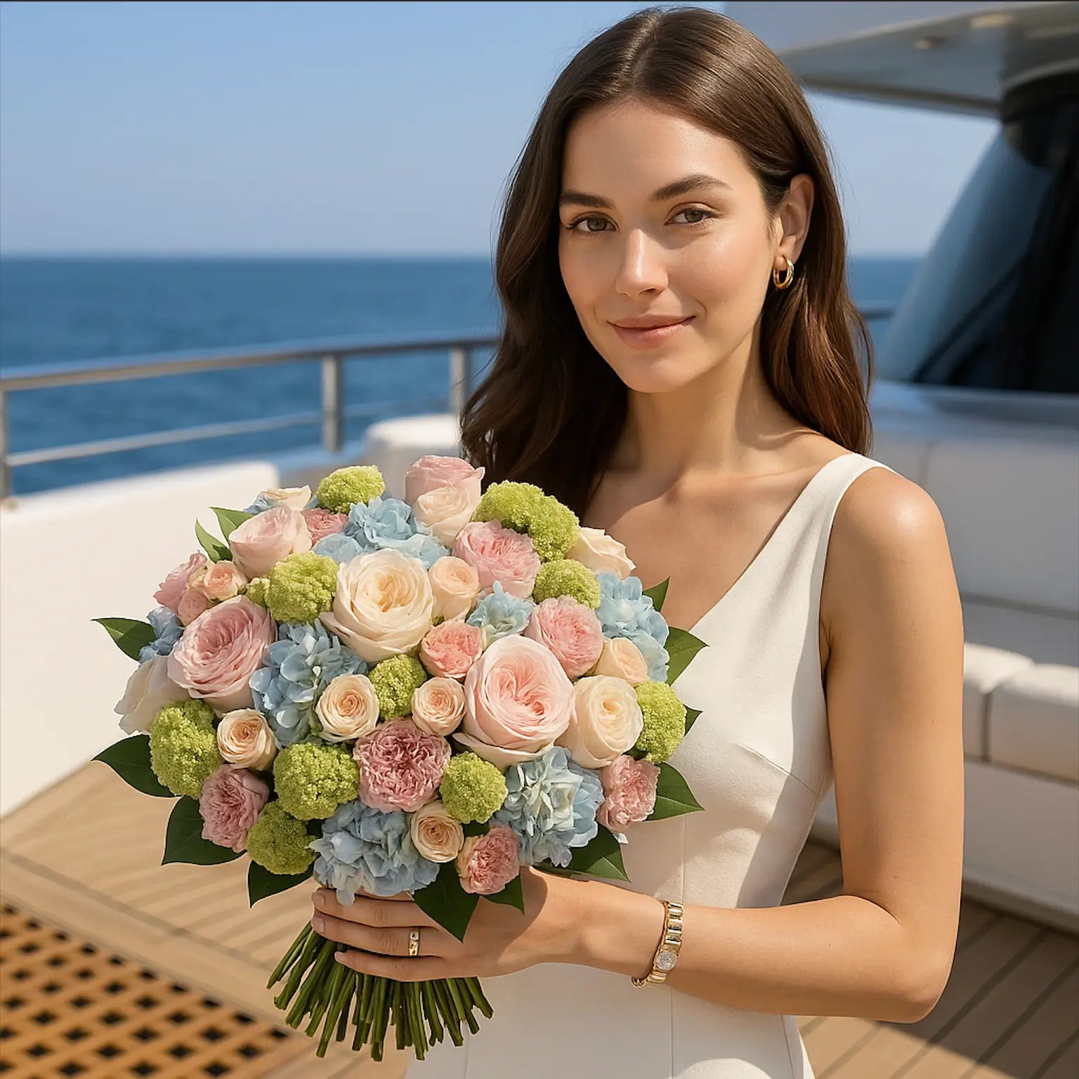Custom Arrangement hand-tied bouquet with pastel roses and hydrangeas — luxury flower delivery Miami for elegant gifting