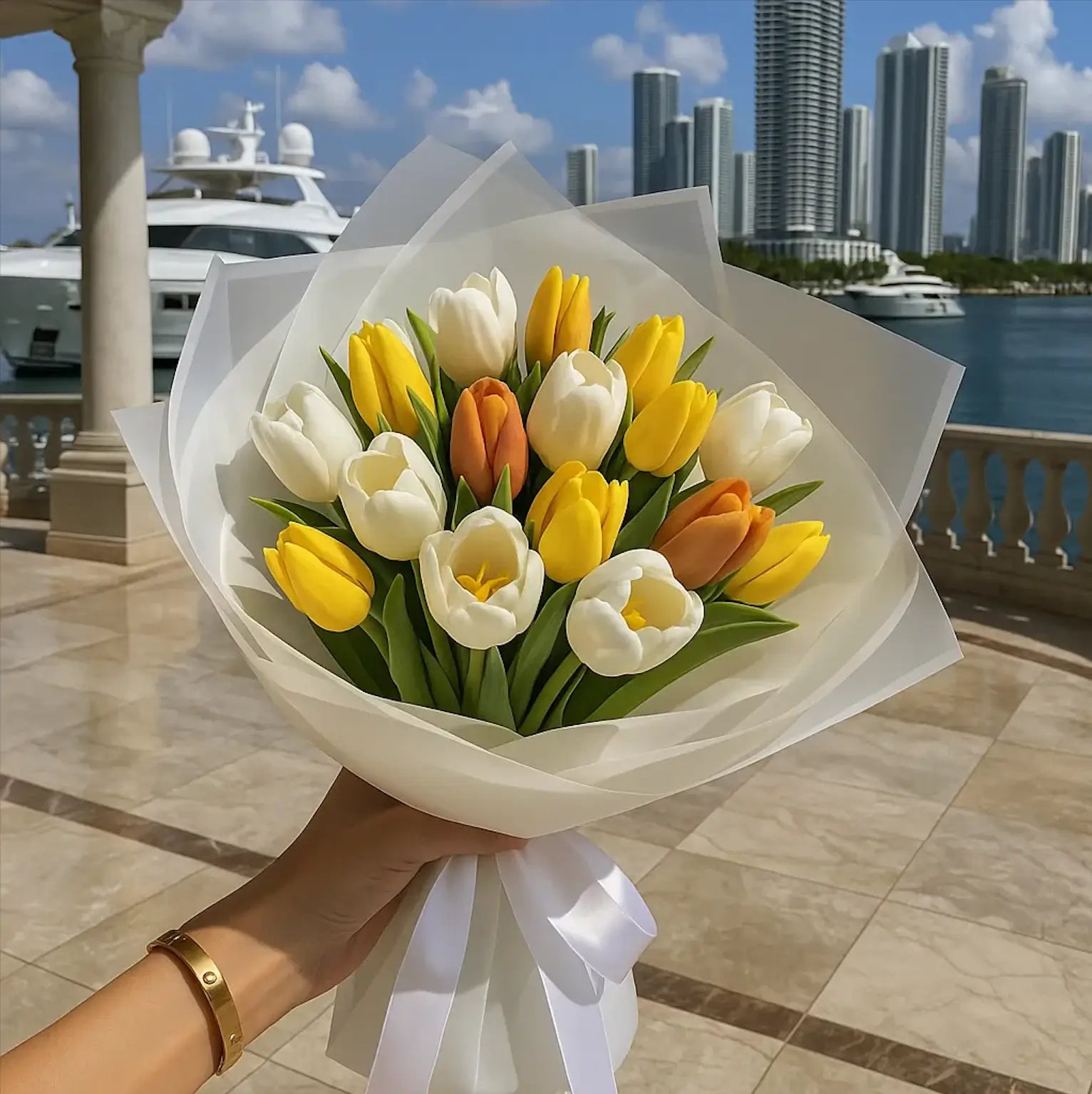 A young woman holding a tulip bouquet near a Rolls Royce – cute tulips for romantic surprises.