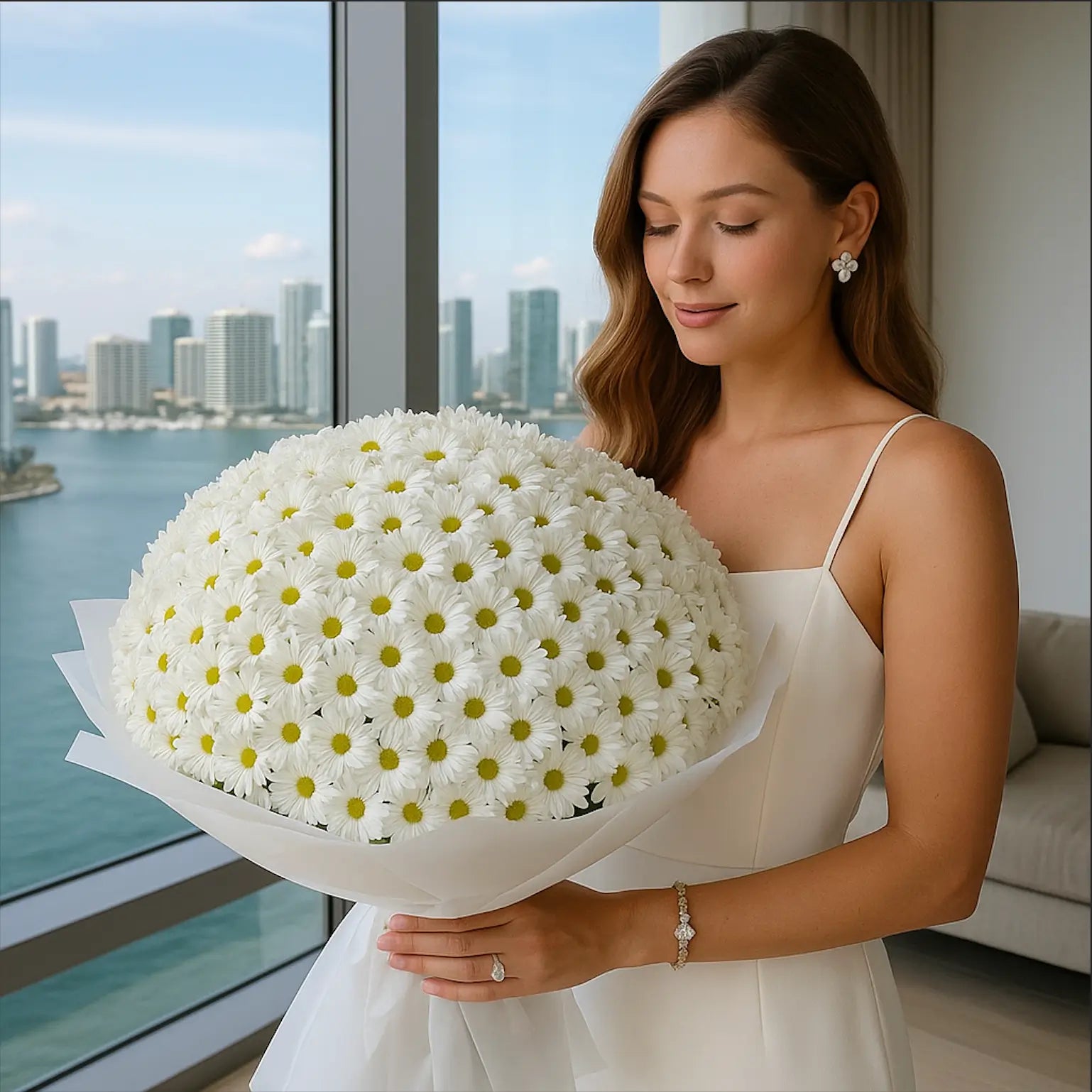 Daisies Field hand-tied bouquet with 200 white daisies — luxury flower delivery Miami in penthouse with panoramic view