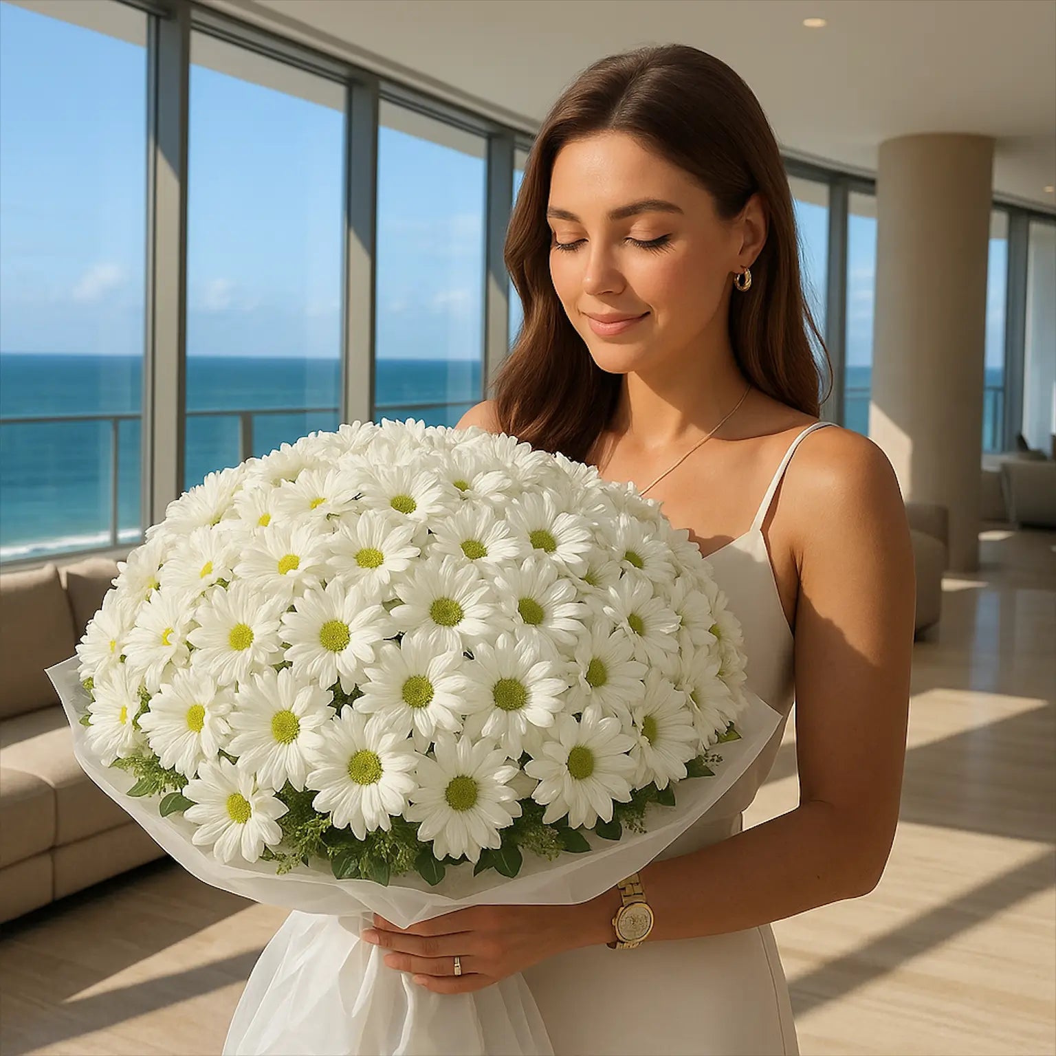 Daisies Field hand-tied bouquet with 150 white daisies — luxury flower delivery Miami in penthouse with ocean view
