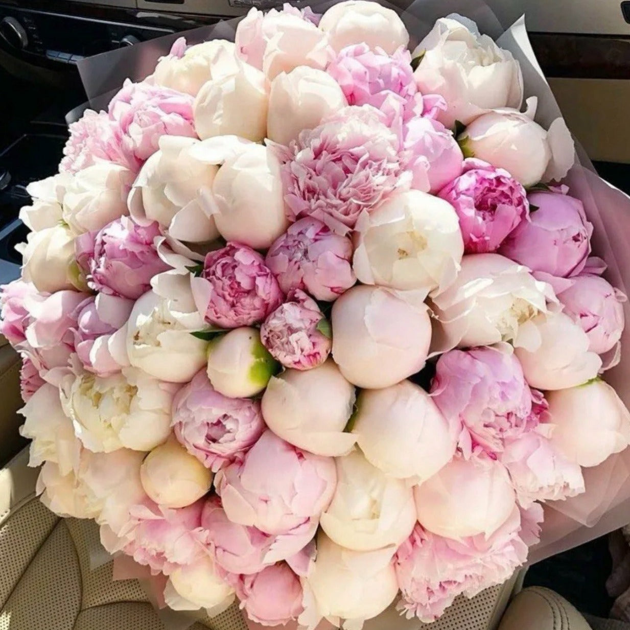 Luxury hand-tied peony bouquet in soft pink and white — perfect for romantic surprises, same-day flower delivery Miami