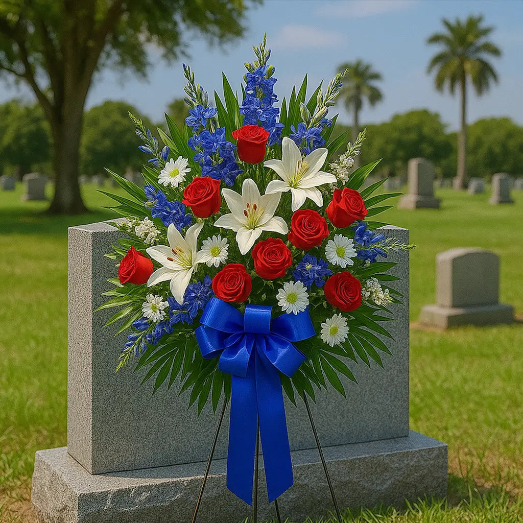 Red, white, and blue Memorial Day standing basket with roses and lilies in Miami cemetery — by Miami Flower Delivery