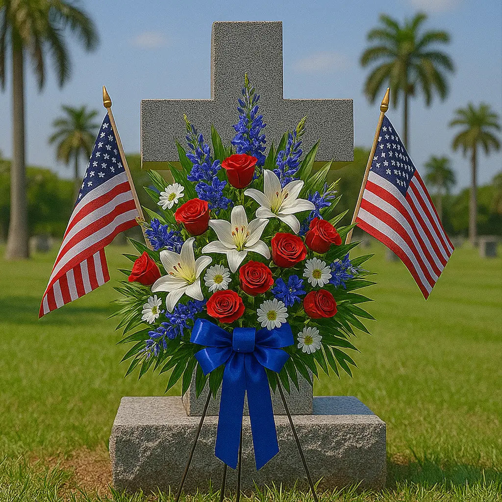 Memorial Day tribute with red roses and lilies at granite cross in Miami — by Miami Flower Delivery