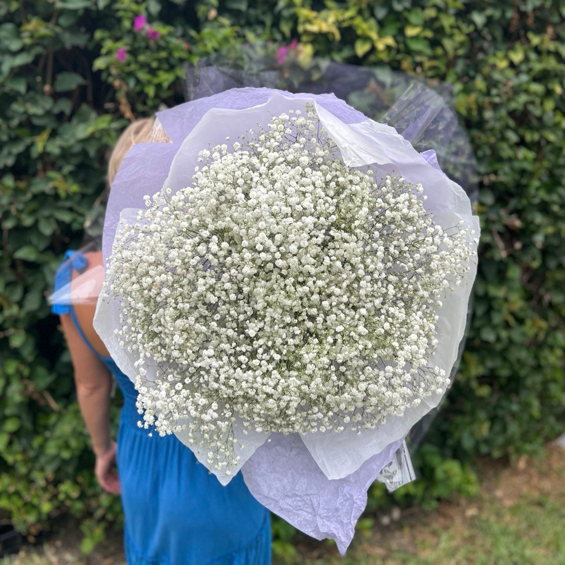 Extra large baby’s breath bouquet with lavender wrap in garden — luxury flower delivery in Miami