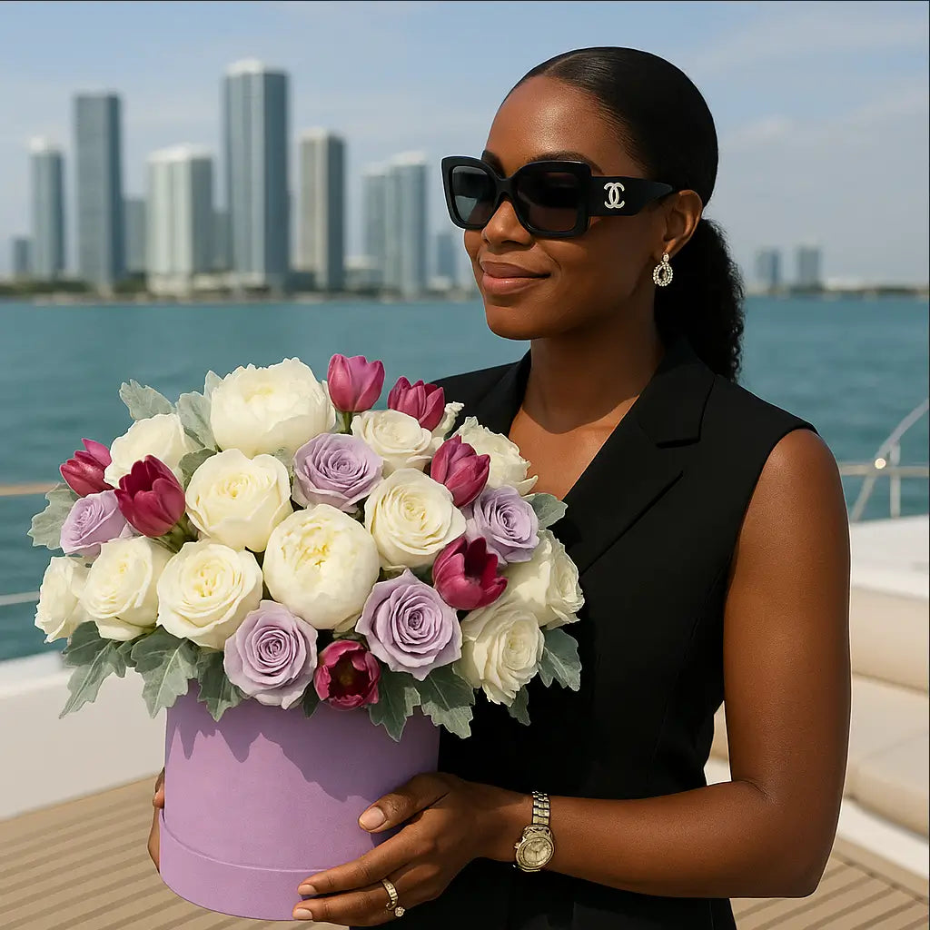 Fiona bouquet in a lavender designer box with pastel roses and peonies on a yacht — luxury flower delivery Miami