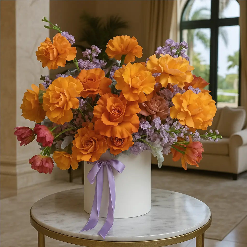 Flame of Love bouquet with orange roses in white designer box on marble table — luxury flower delivery Miami