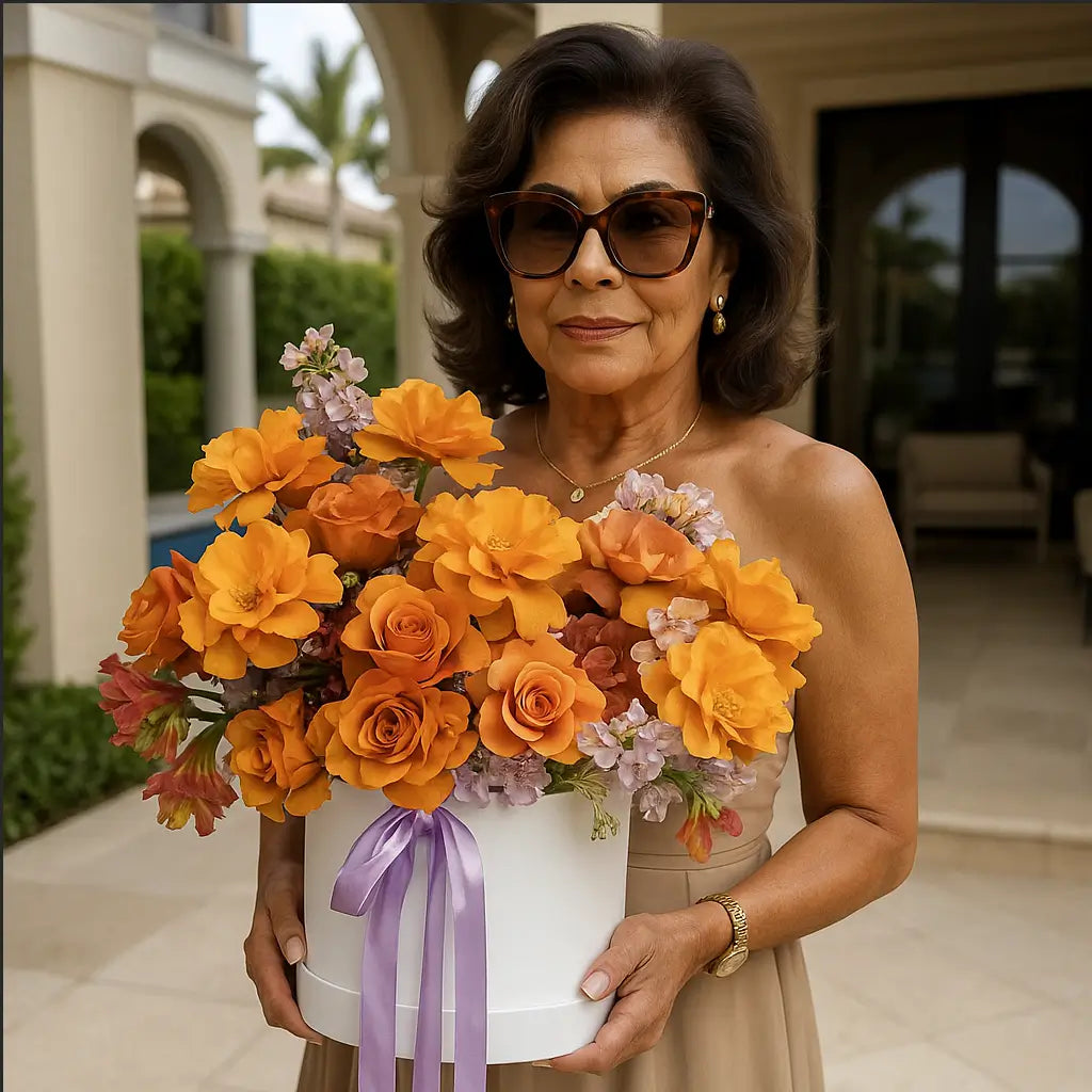 Luxury flower box "Flame of love" with orange roses, held by a stylish 50-year-old Brazilian woman – perfect for elegant gifting. 