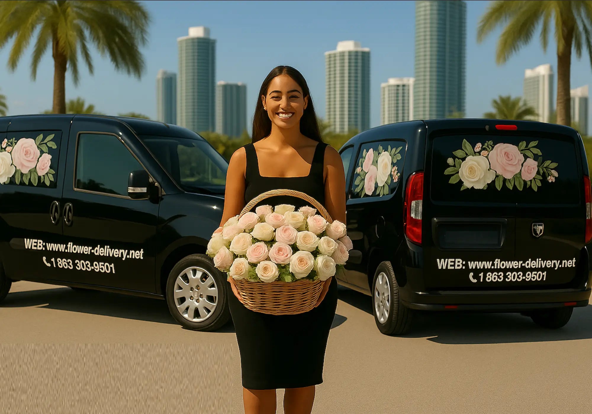 Luxury flower delivery vans parked side-by-side in Miami with floral decals, correct contact info on each: WEB www.flower-delivery.net, +1 863 303-9501. A smiling Hispanic woman in a black dress stands between them holding a large premium flower basket. Skyscrapers and palm trees in the background
