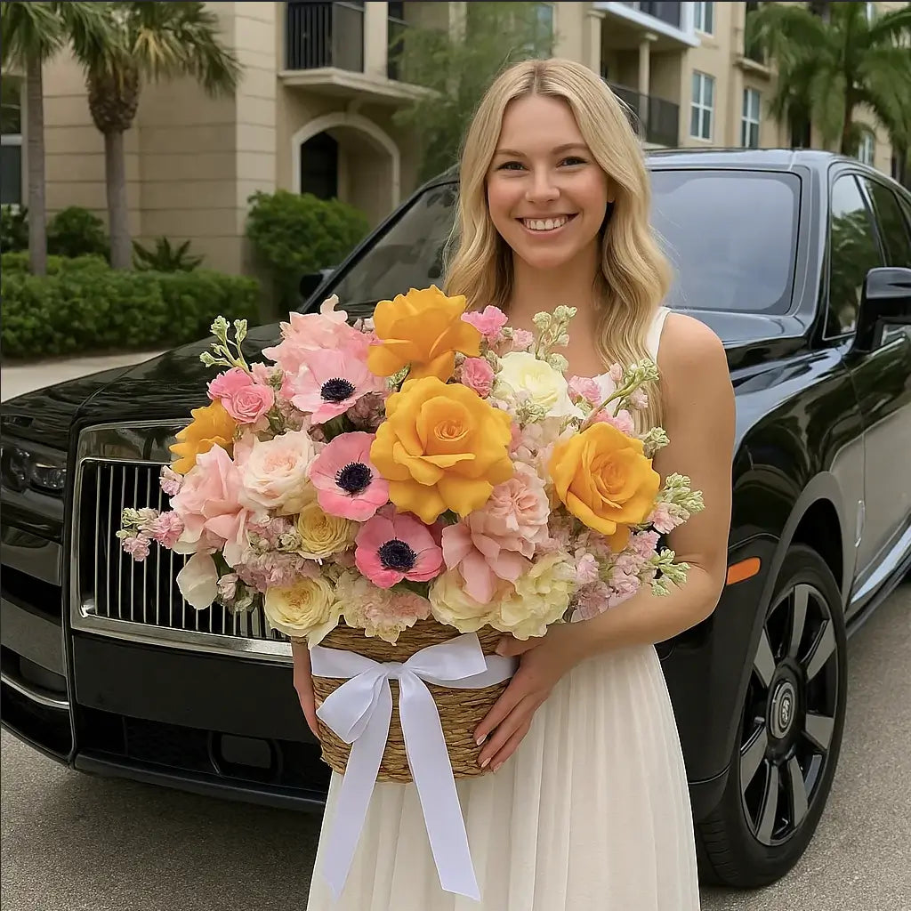 Garden of Love floral basket with orange roses and pink blooms held by smiling blonde near Rolls-Royce Cullinan — Miami delivery