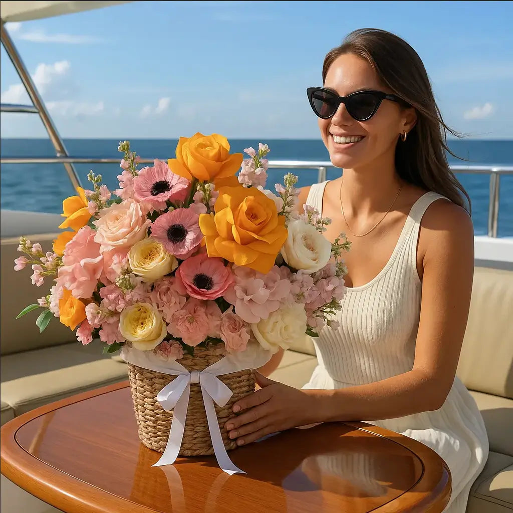 Garden of Love floral basket with orange roses and pink anemones on a luxury yacht — flower delivery Miami