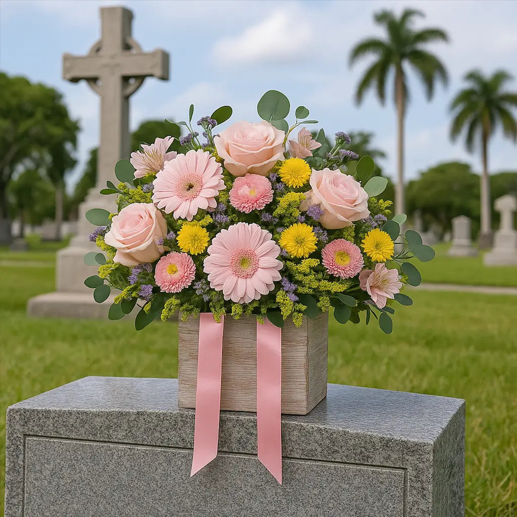 Soft pink Memorial Day box arrangement with roses and gerberas on headstone — Miami Flower Delivery cemetery piece