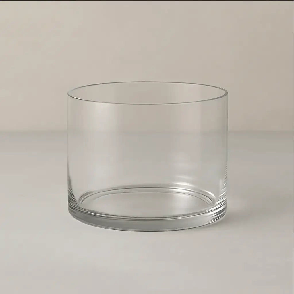 Low wide glass cylinder vase for modern floral designs — transparent minimalist accessory for bouquets in Miami