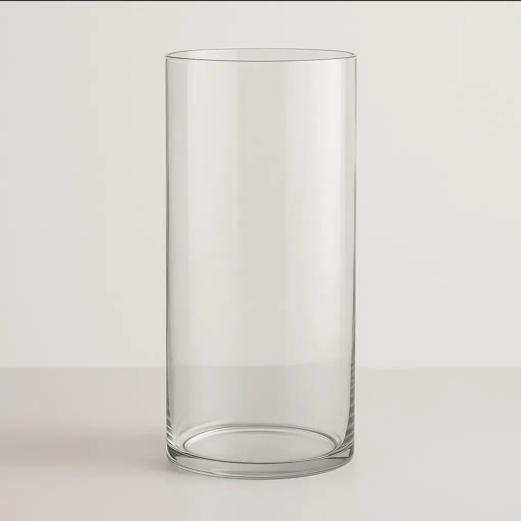 Tall transparent glass cylinder vase for hand-tied bouquets — minimalist luxury accessory Miami