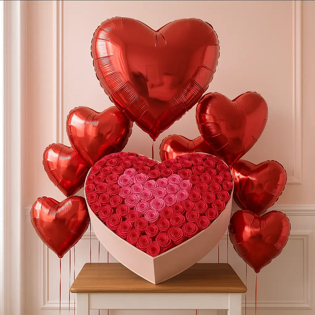 Luxury red heart-shaped balloons with pink rose box — romantic surprise for special occasions