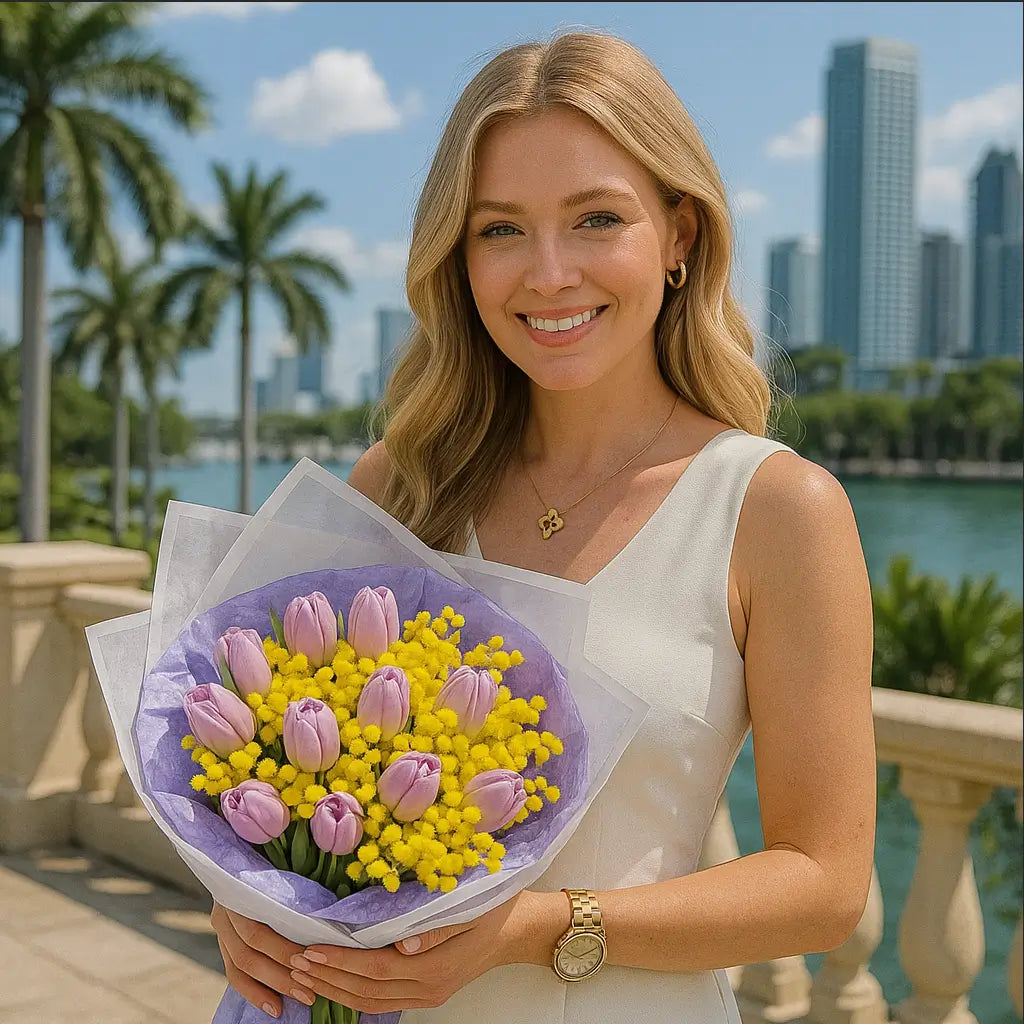 Hello Spring bouquet with lavender tulips and yellow mimosa held by smiling woman on yacht — luxury floral gift Miami