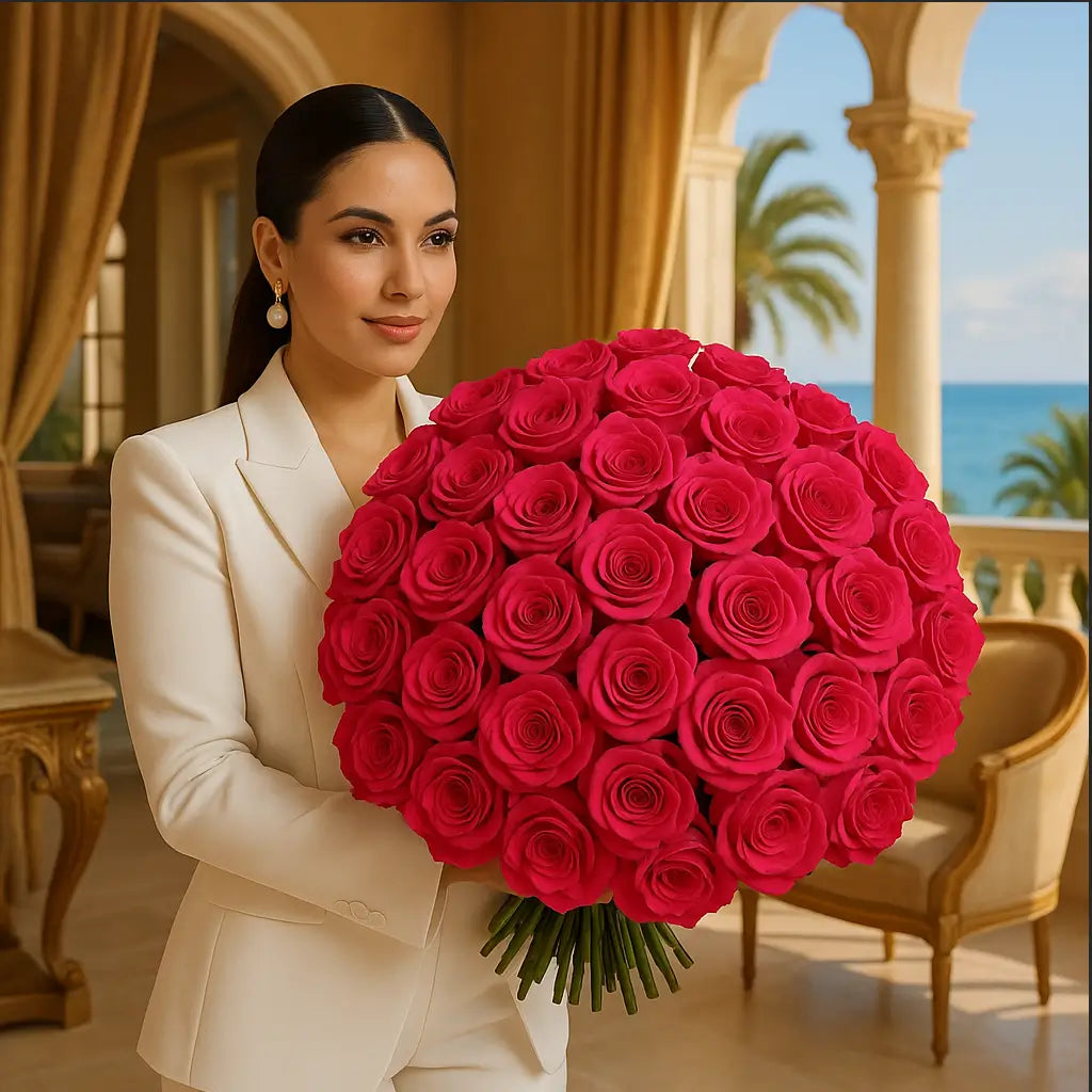 Massive hand-tied bouquet of 150 hot pink roses held in a luxury mansion foyer — premium flower delivery Miami