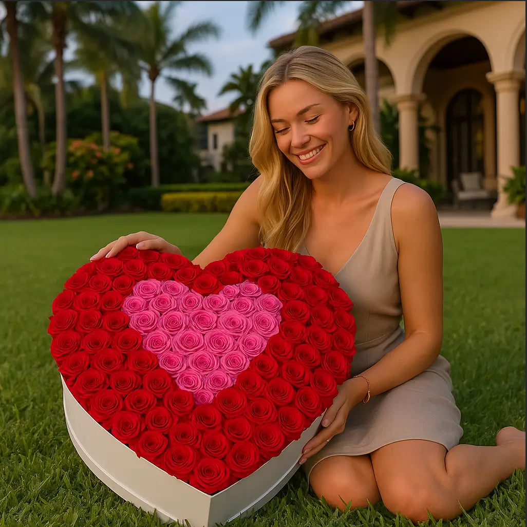 Heart-shaped box of 200 roses with pink and red tones on grass — luxury bouquet with smiling blonde woman