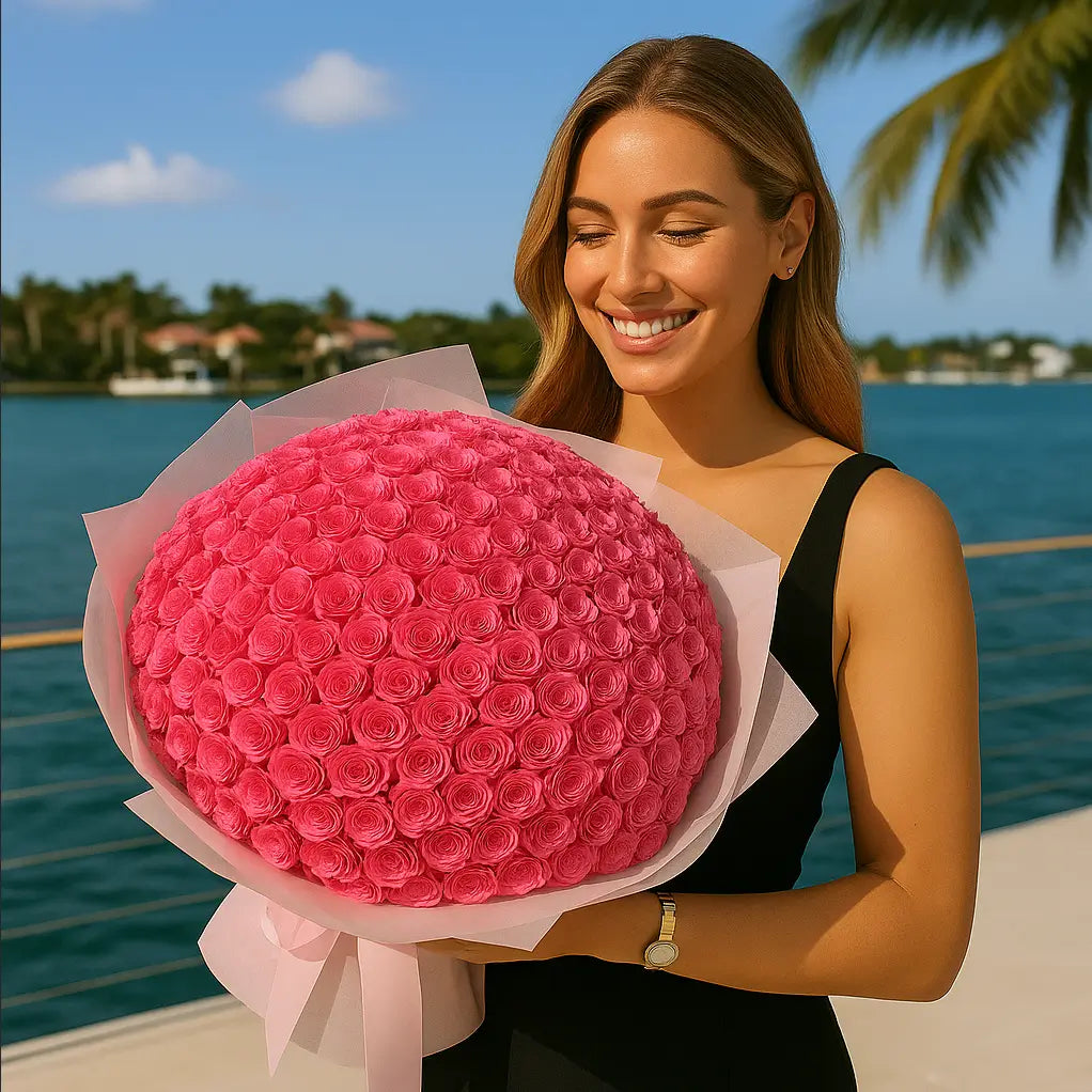 Luxury hand-tied bouquet with 200 small pink roses by the ocean — same-day flower delivery Miami