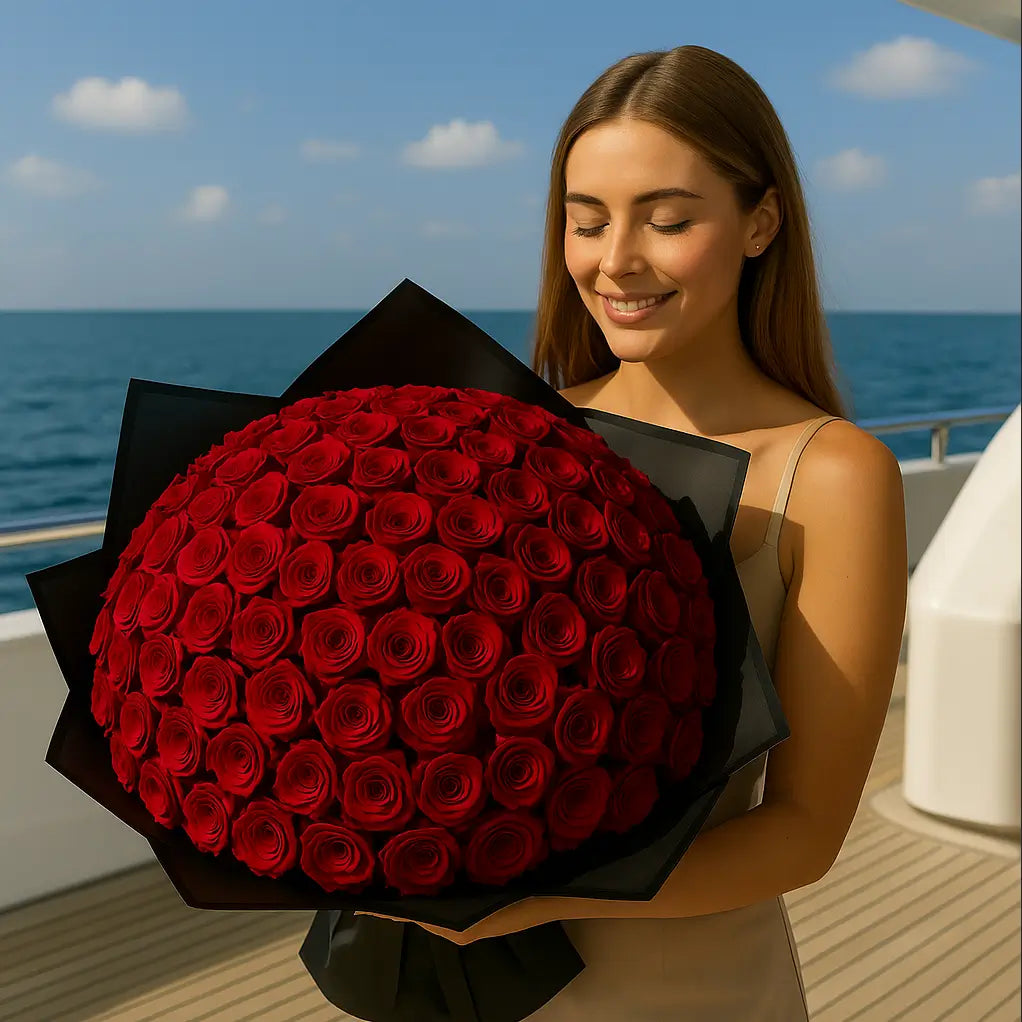Luxury bouquet with 150 small red roses in dark wrapping – passionate flower delivery Miami