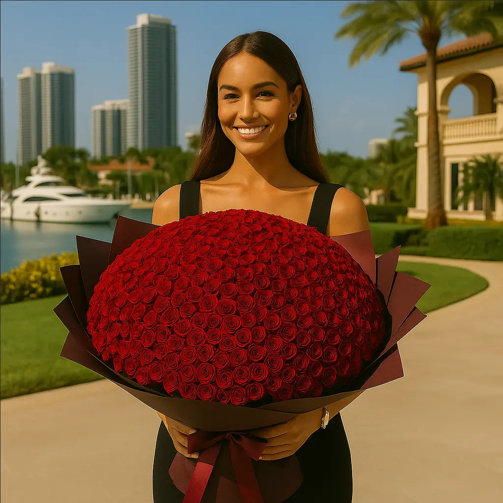 Luxury bouquet with 200 small red roses in dark wrapping – passionate flower delivery Miami