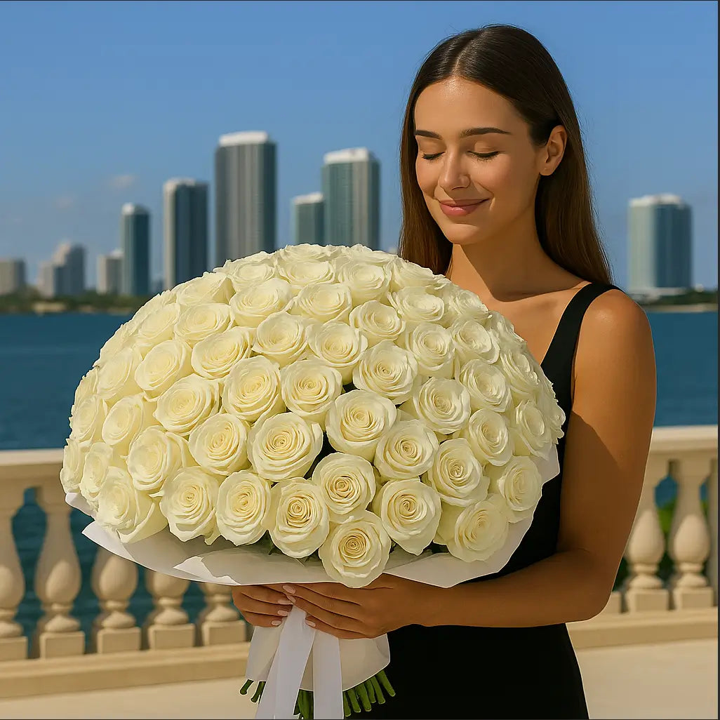 150 premium white roses in a hand-tied bouquet — bold and elegant floral gift