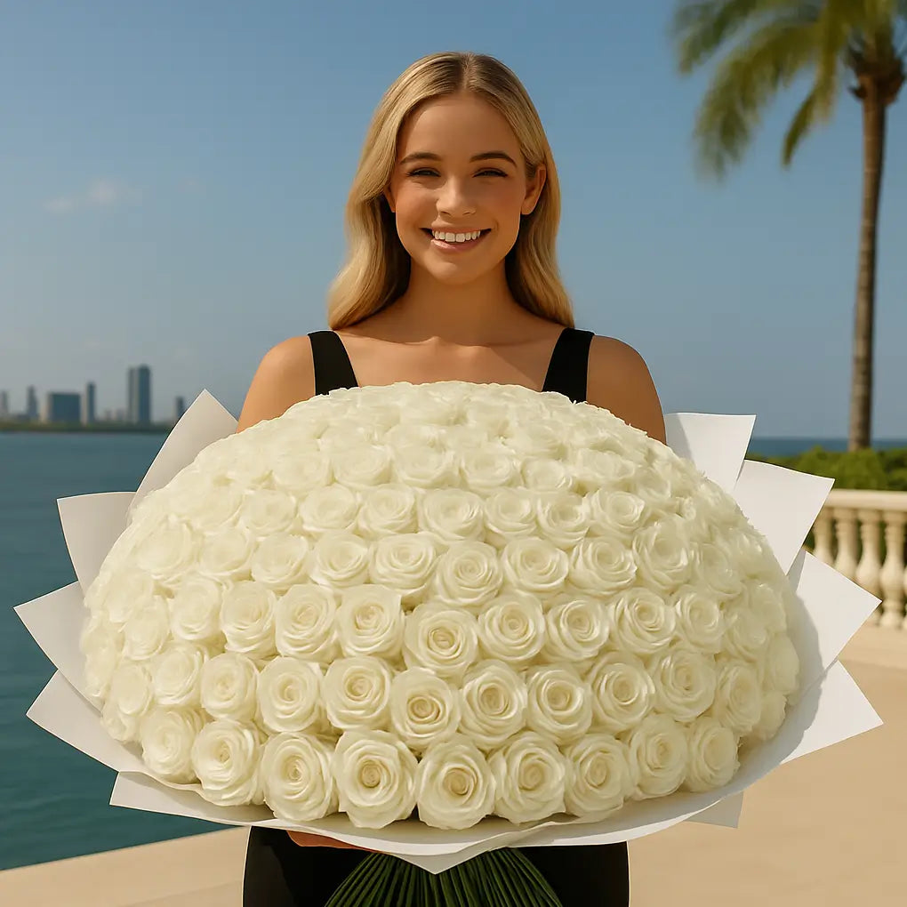 200 white roses in luxury hand-tied arrangement — unforgettable flower delivery Miami