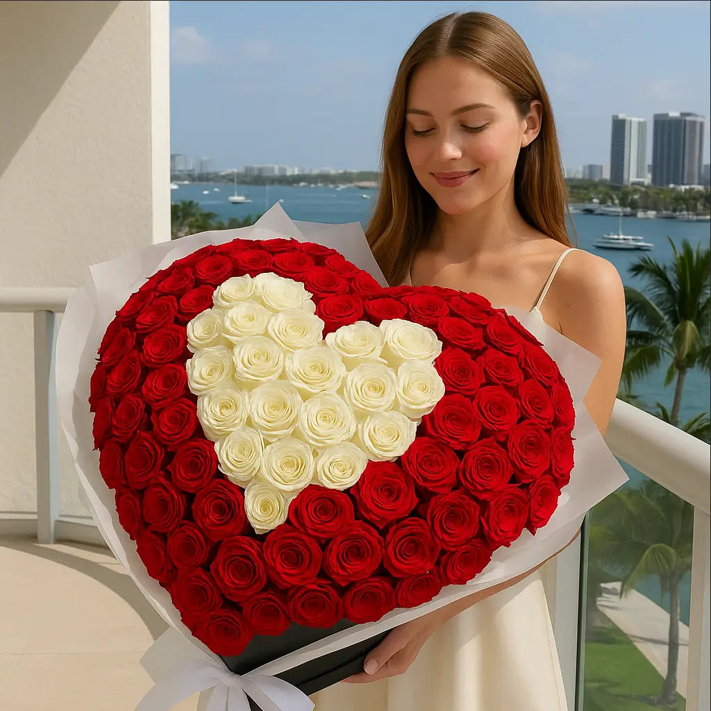 Luxury bouquet “I Love You Baby” with white heart of roses inside red blooms — limited flower delivery Miami